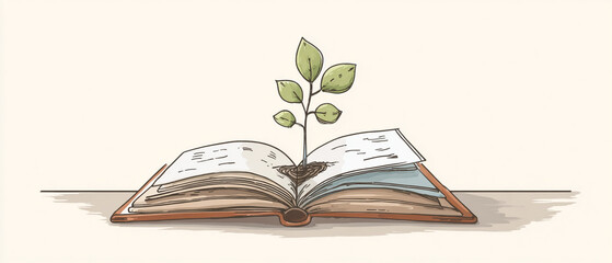 Concept of knowledge and personal growth with a plant sprouting from an open book illustration