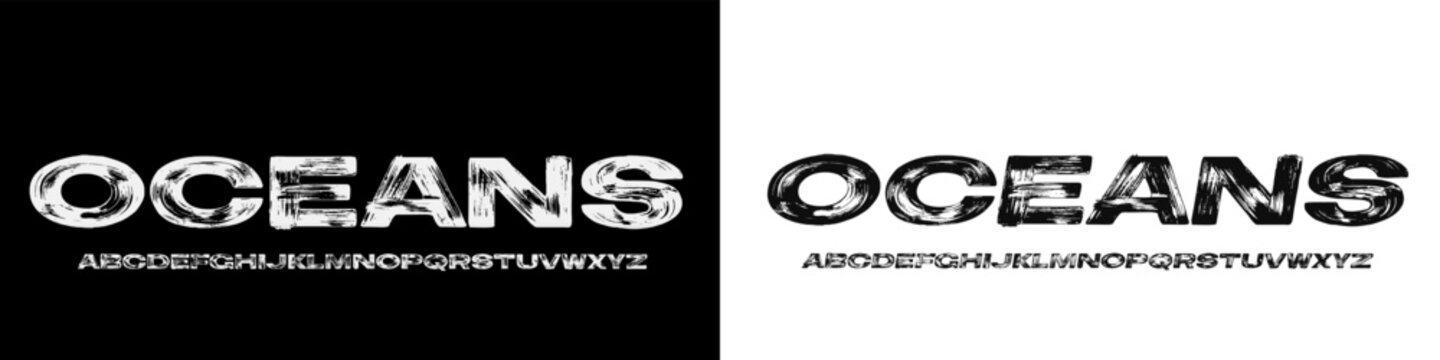 Condensed grunge vector font with texture. Alphabet font with uppercase and number