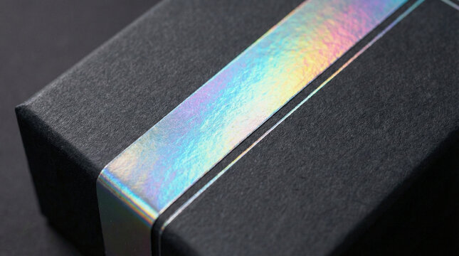 Close up of luxury matte black paper packaging box with iridescent holographic foil stamping strip