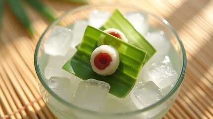 Refreshing Japanese Summer Dessert Scene with Bamboo Leaf Mochi in Glass Bowl, Cool Minimal Seasonal Style
