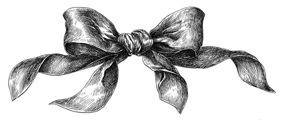 Elegant hand drawn ink illustration of a decorative ribbon bow on white
