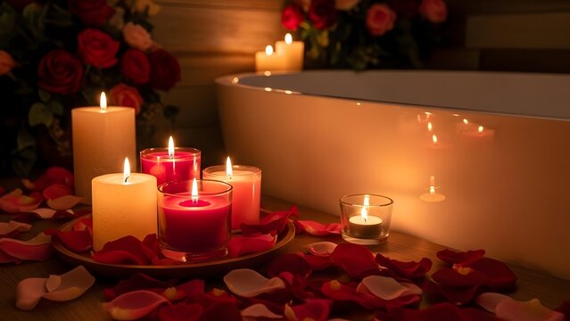 A romantic candlelit bathtub with rose petals and fairy lights on a relaxing evening with soft warm glowing ambiance and ambiance - Powered by Adobe