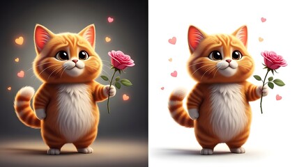 Cute orange cat holding a pink rose on valentines day isolated on white background