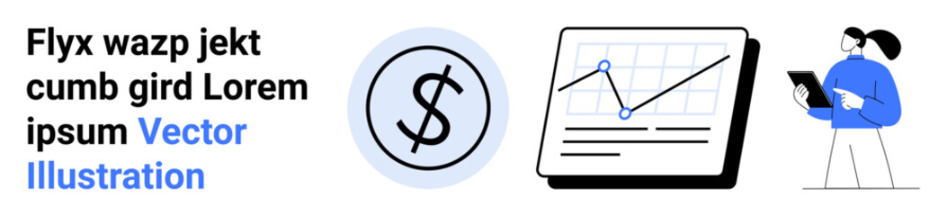 Obraz premium Business growth, financial solutions, data visualization, market trends, investment strategies, professional analytics. Includes a dollar symbol, line chart and a person analyzing data. Business