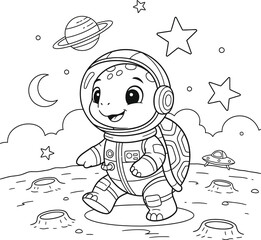 Cute Astronaut Turtle Walking on the Moon, Black and White Line Art Illustration for Kids Coloring Book, Space Adventure Fantasy Animal with Stars and Planets
