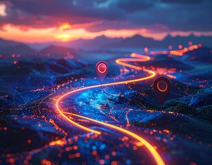 Scenic landscape with glowing road and markers. Evening sky