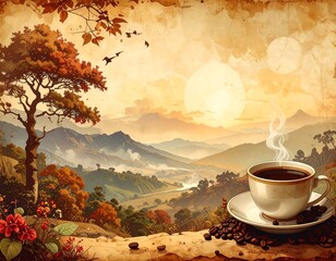 Scenic landscape with cup of coffee, sunrise, and mountains