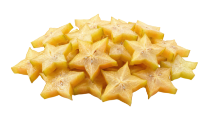 Heap of yellow star shaped objects stacked together in a pile, possibly food items or transparent background and plain white background