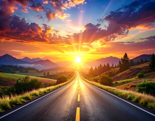 Scenic road to sunrise with mountain range and colorful sky