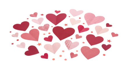 Collection of pink and red hearts of varying sizes and shades clustered together in a central composition plain white background and png