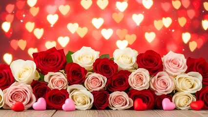 A bouquet of red, pink, and white roses with heart shaped decorations on a wooden surface with a red heart lights background