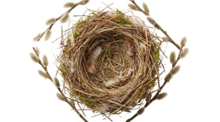 An empty birds nest made of twigs and grass with a twig frame surrounding it viewed from above on a plain background object on white and png