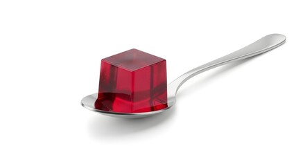 Glossy red jelly cube on reflective plate with modern metal spoon on white background