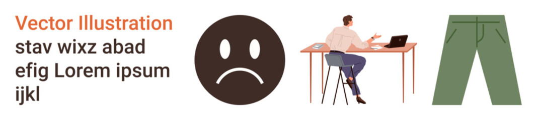 Fototapeta premium Emotional expression, remote work, fashion, human interaction, casual style, workspace. Sad face icon, person at work desk with laptop green pants. Emotional expression and remote work