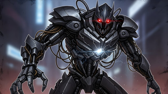 Menacing evil robot character symbolizing technology threat
