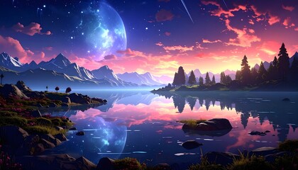 Serene Mountain Lake Landscape with a Giant Blue Moon Reflection