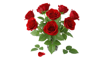 A cluster of red roses with visible green leaves arranged in a floral pattern, isolated image for design plain white background and png