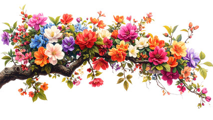 tree branch with colorful flowers isolated on transparent background