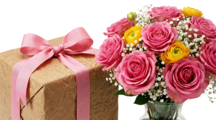 A gift box with a pink ribbon and a bouquet of pink and yellow roses are featured in this isolated on a neutral background with png background