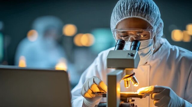 Microscopic Analysis: A scientist, cloaked in protective gear, meticulously examines a specimen beneath the lens of a microscope.