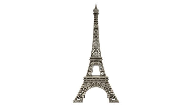 Eiffel tower miniature replica with detailed latticework design stands against a plain white backdrop in a centered composition