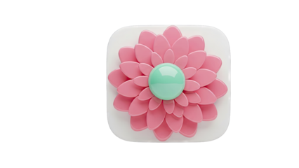 3D Pink Flower Icon with Green Center on White Square