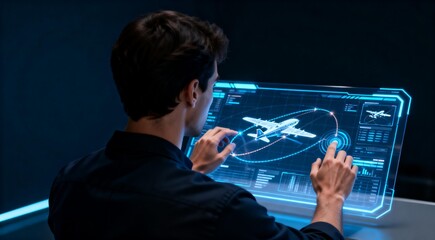Man interacting with futuristic aircraft interface