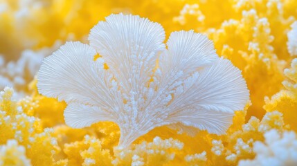 Close-up of an ice-cold yellow sponge covered in white frost with snowflakes forming delicate petal shapes
