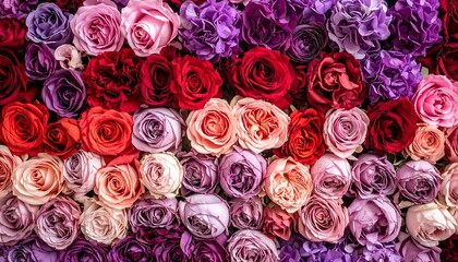 Close-up of varied roses and hydrangeas in rich shades