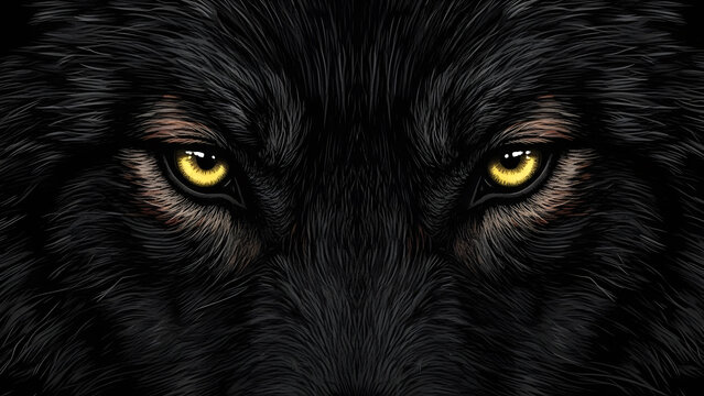 Intense black wolf eyes staring in darkness