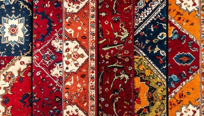 Close-up of various vibrant, detailed, ornate patterned rug sections