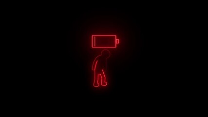 Red Neon Silhouette Of A Person With A Low Battery Symbol Above Head On Black Background energy power