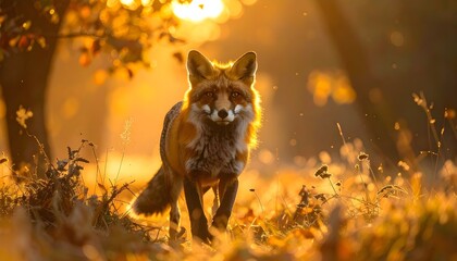 Red fox walking through a colorful autumn forest with fallen leaves