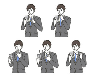 スマホを操作するビジネスマンの表情セット