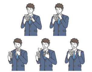 スマホを見る男子高校生の感情バリエーションイラストセット