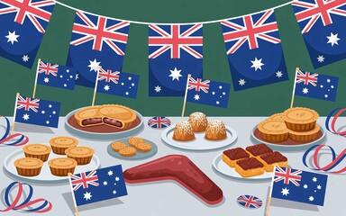 assorted australian desserts and delicacies displayed on a festive table with australian flags and decorations celebrating australia day with traditional sweet treats