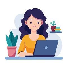 Young business woman working on a laptop computer at a desk illustration