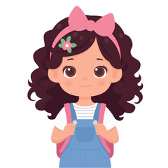 Cute Cartoon Girl With Pink Bow, Flower Headband, And Backpack For School