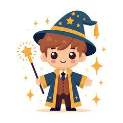 Cute Wizard Child In Magical Costume With Wand, Stars And Hat