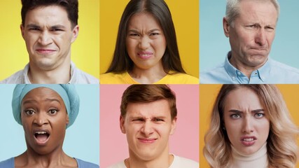A collage showcases six diverse individuals expressing a range of negative emotions, highlighting their unique reactions and feelings against vibrant backgrounds.