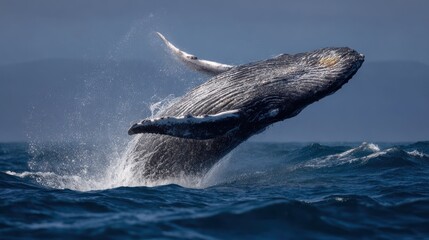 Humpback whale breaching from ocean water showing power and natural beauty