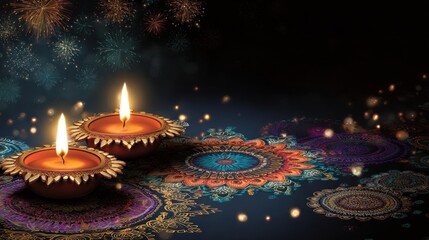 Lit diyas with fireworks and decorative background for festive celebrations