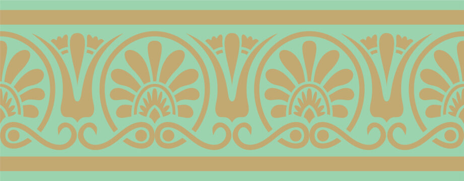 Vector gold and green classic seamless european national ornament. Ethnic pattern of the Romanesque peoples. Border, frame of ancient greece, roman empire.