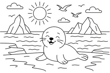 Happy Seal Relaxing On Sunny Beach With Seagulls on Iceberg Kids Coloring Page