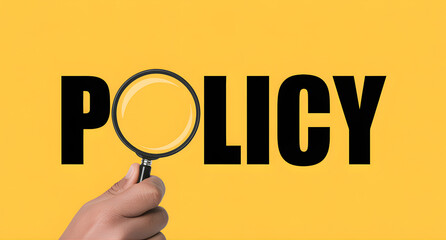 Policy Text with Magnifying Glass on Yellow Background