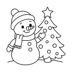 Snowman with Hat near Christmas Tree Coloring Page