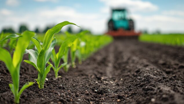 Young corn plants sprouting in a field with a tractor in the background