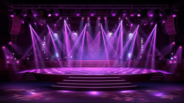 Empty concert stage with flashing blue and pink lights ready for a music show or award ceremony