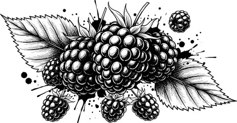 Detailed black and white blackberry fruit illustration with textured berries and leaves for organic food labels and botanical garden designs. © Shopna