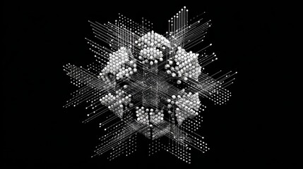 I need a tech forward Snow flake, black background, white snowflake. The snowflake needs to be three demential being displayed at a three quarter view,